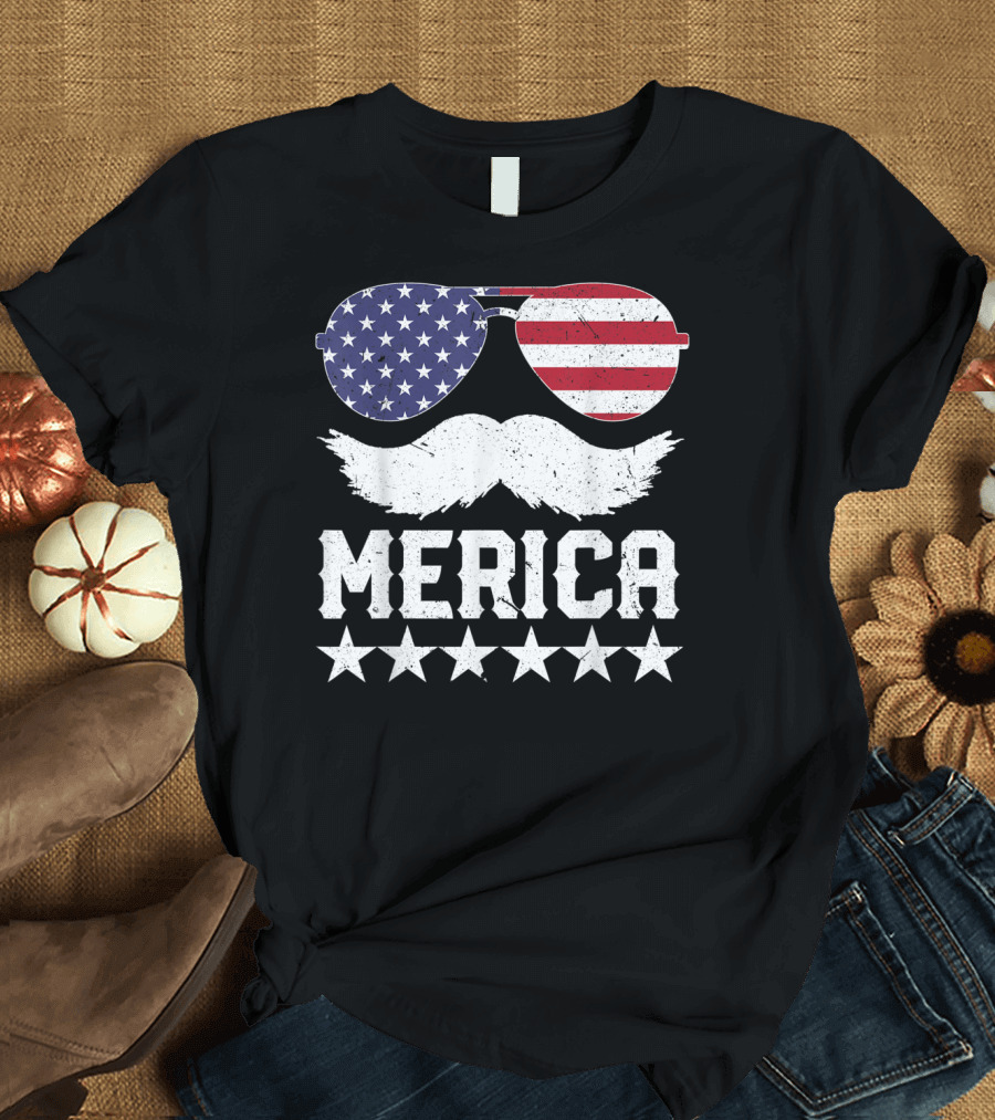 MERICA USA Flag Mustache Sunglasses Stars Independence Day T-Shirt