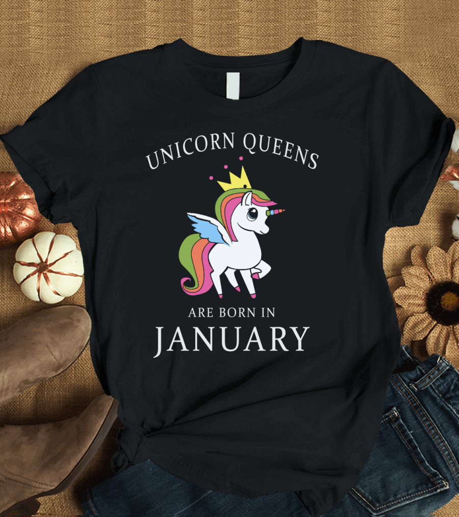 Unicorn Queens Are Born in January Rainbow Winged Unicorn with Crown T-Shirt