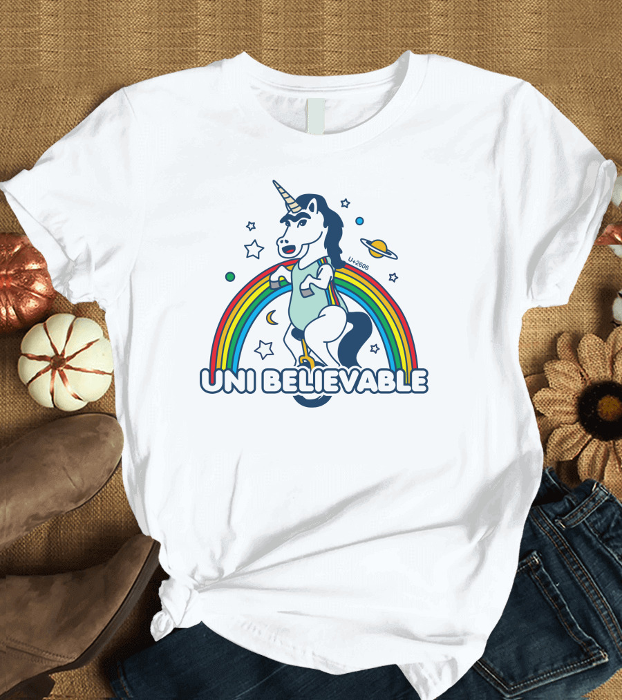 UNI BELIEVABLE Rainbow Unicorn Unicycle Planet Stars U+2605 T-Shirt