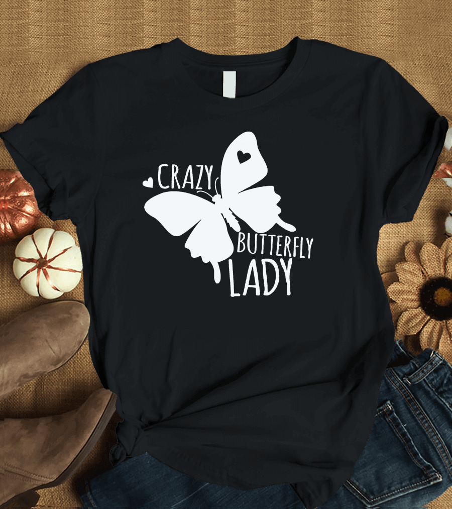CRAZY BUTTERFLY LADY Heart Motif T-Shirt