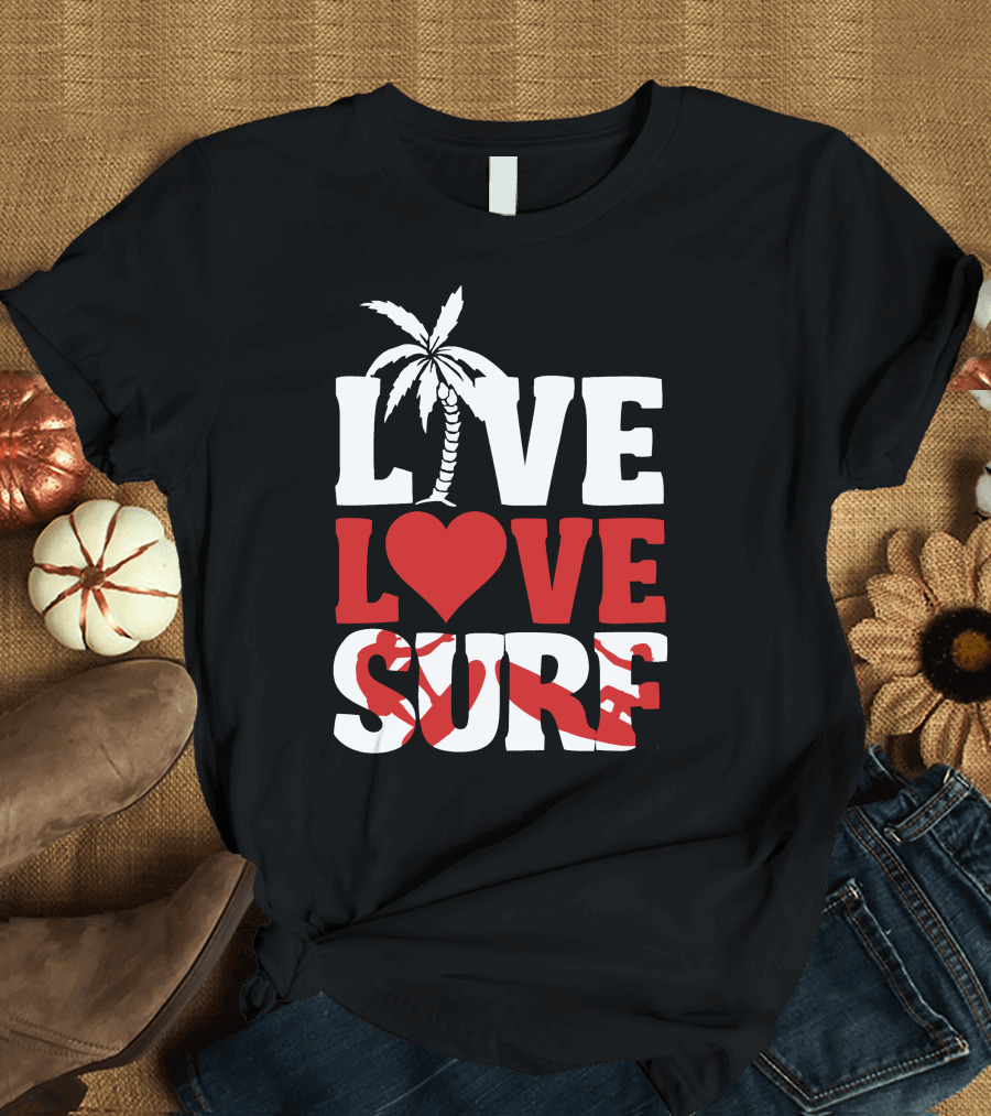 Live Love Surf Palm Tree Heart Ocean Waves T-Shirt