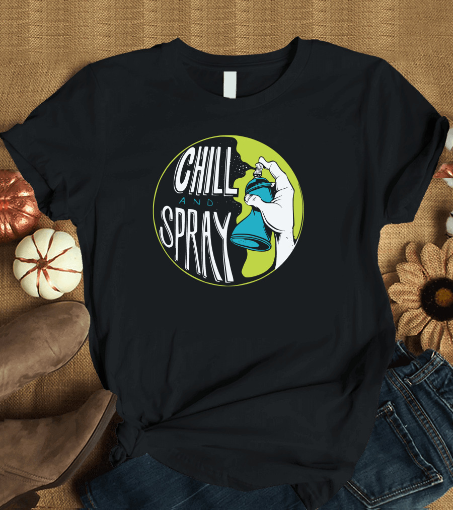 CHILL AND SPRAY Hand Holding Blue Can T-Shirt