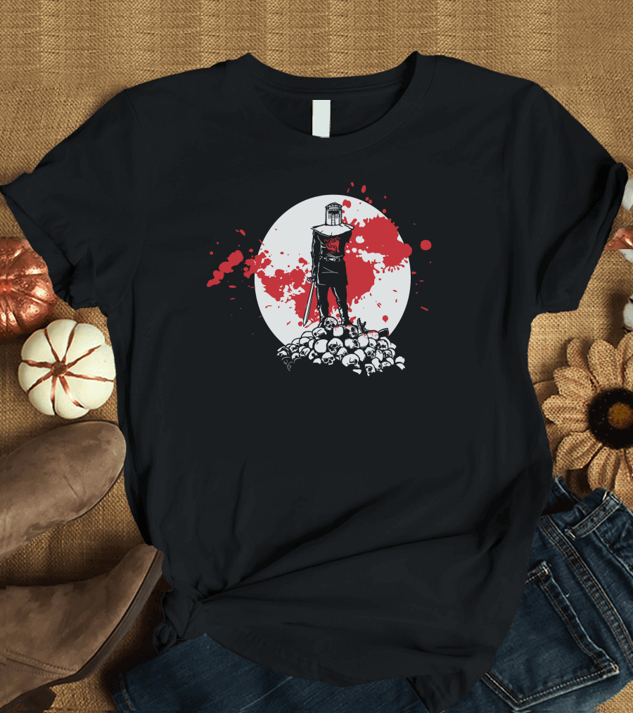Black Knight Stands Tall on Red Blood Moon of Skulls T-Shirt