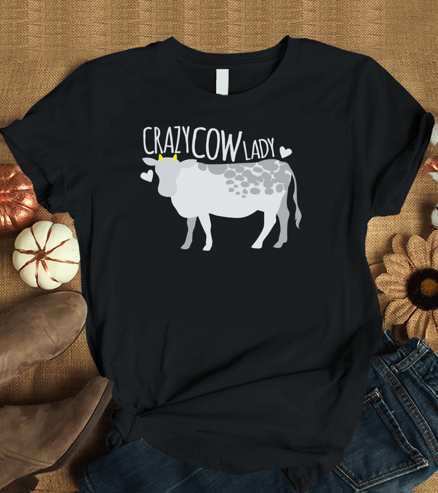 CRAZY COW LADY Hearts and Cartoon Cow T-Shirt