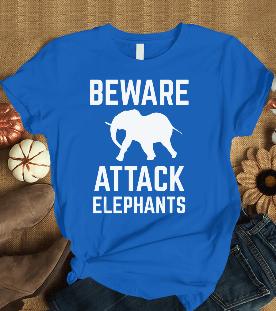 BEWARE ATTACK ELEPHANTS Blue Background White Elephant T-Shirt