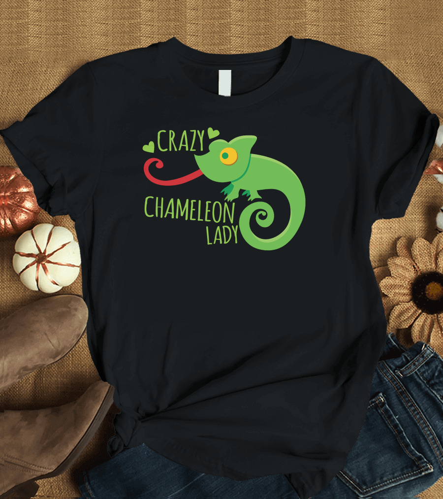 CRAZY CHAMELEON LADY Green Cartoon with Hearts T-Shirt