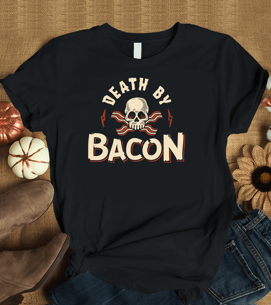 Death By Bacon Skull and Crossbones with Lightning Bolts T-Shirt
