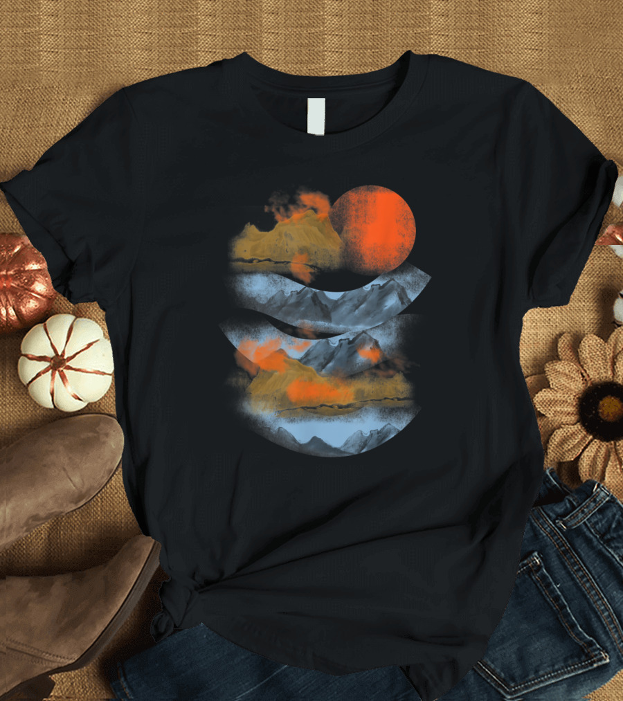 Blurry Mountains Clouds with Red Sun and Smoky Peaks T-Shirt