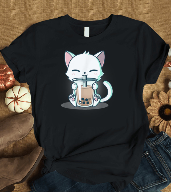 T-Shirt: Kawaii Boba Cat Happy Kitten Drinking Bubble Tea Mood T-Shirt Kawaii Boba Cat Happy Kitten Drinking Bubble Tea Mood T-Shirt