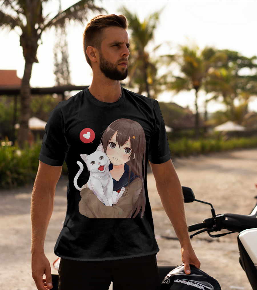 Cute Anime Girl With Adorable White Kitty Cat And Heart T-Shirt