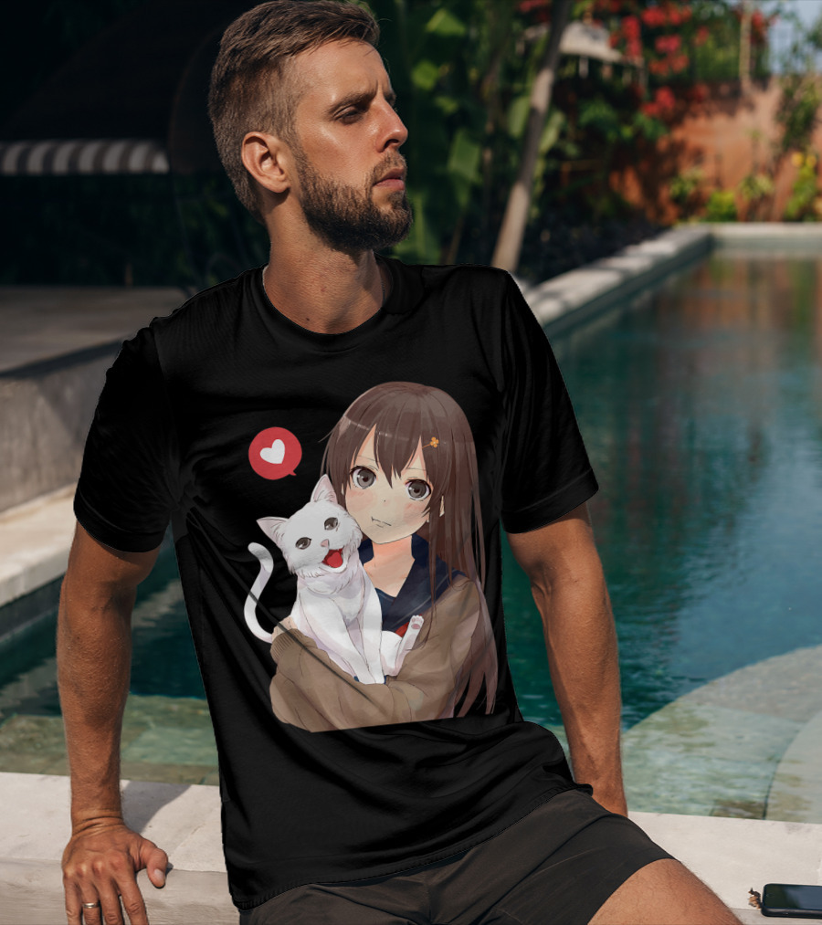Cute Anime Girl With Adorable White Kitty Cat And Heart T-Shirt