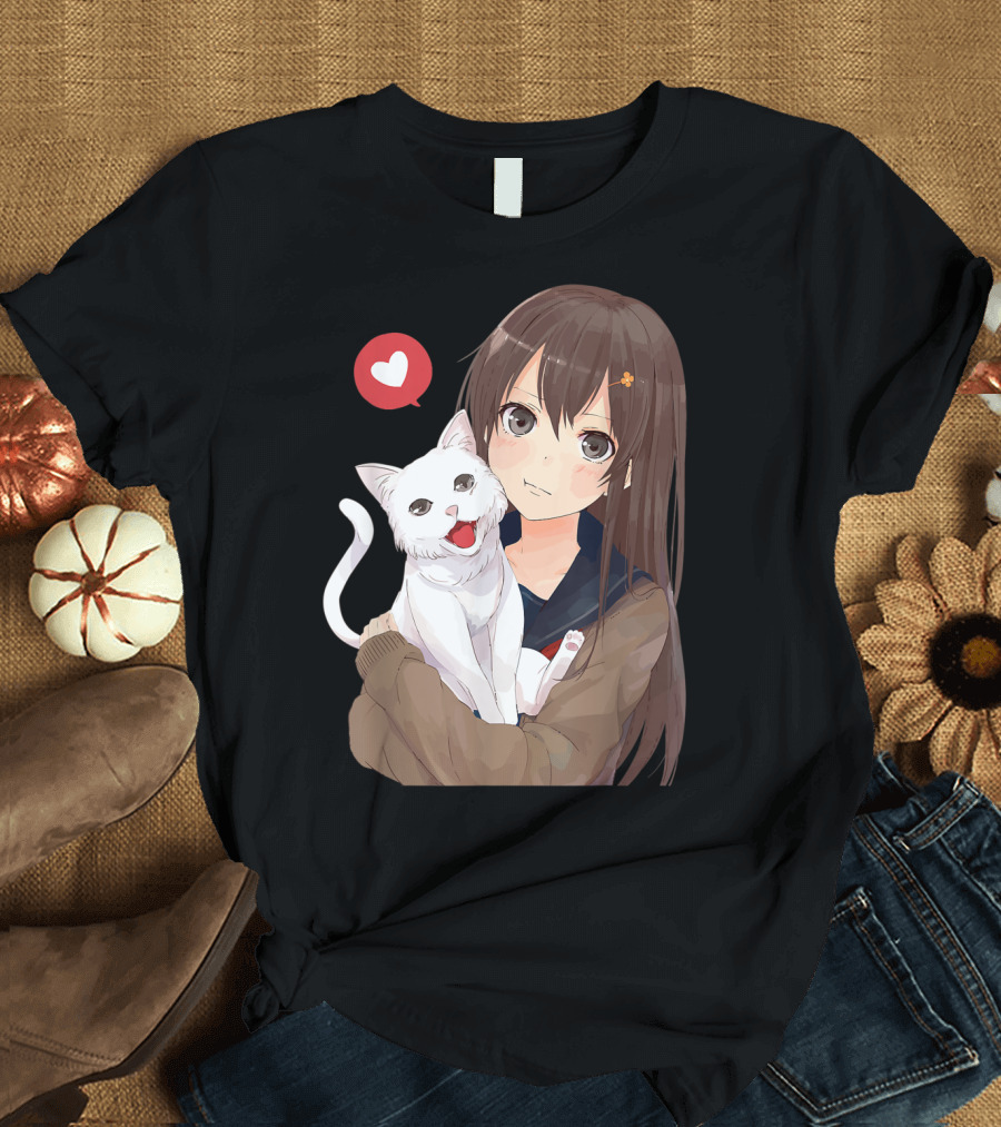 Cute Anime Girl With Adorable White Kitty Cat And Heart T-Shirt