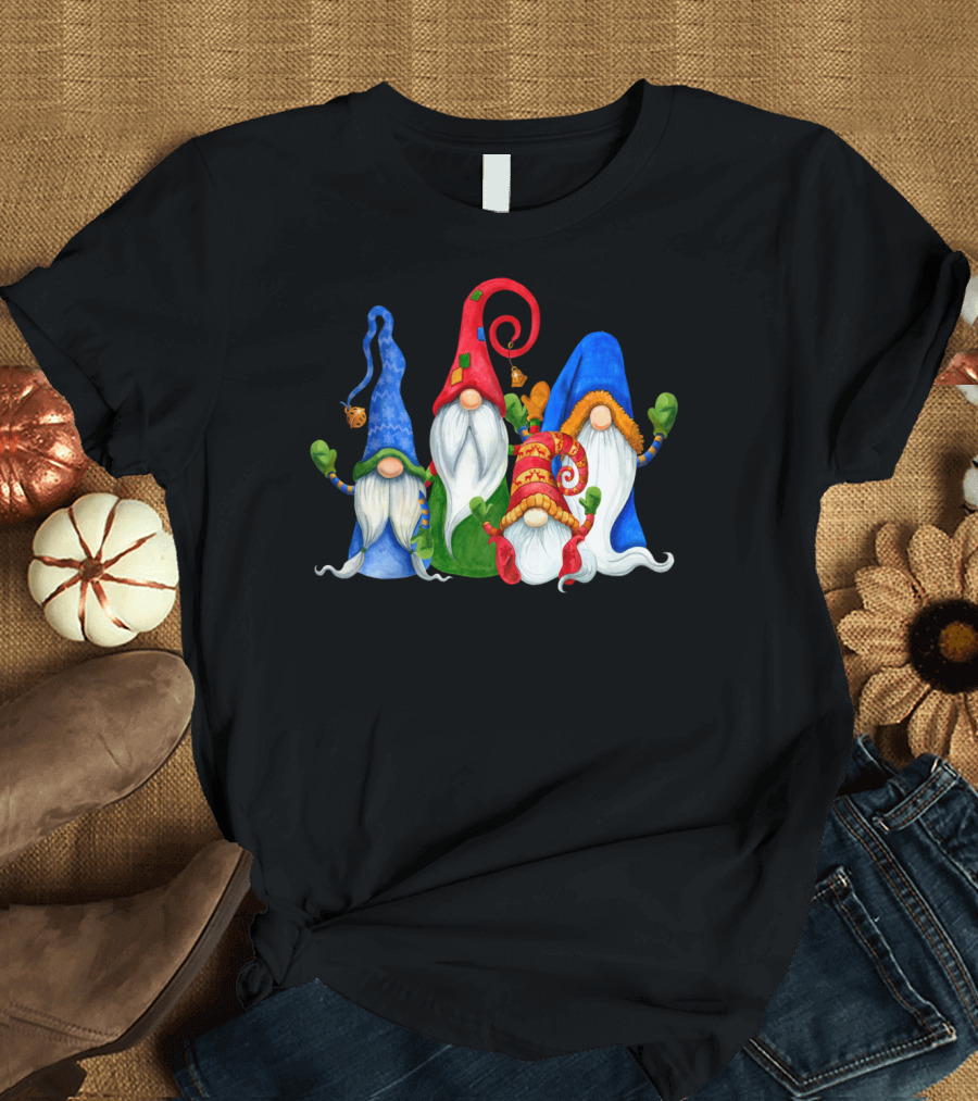 Cute Four 4 Nordic Gnomes Christmas Elves with Colorful Hats and Beards T-Shirt