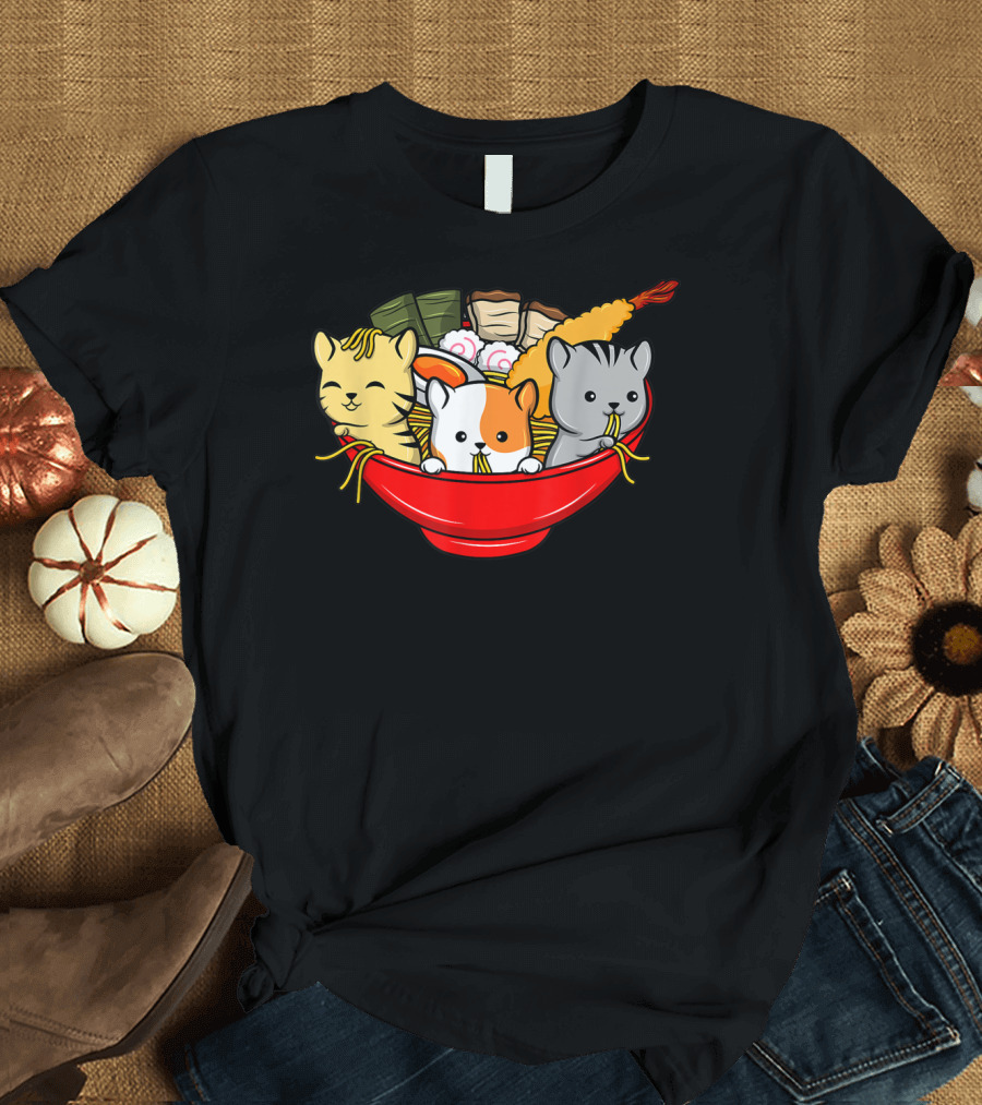 Kawaii Cat Trio in Ramen Bowl with Japanese Anime Style Meal T-Shirt