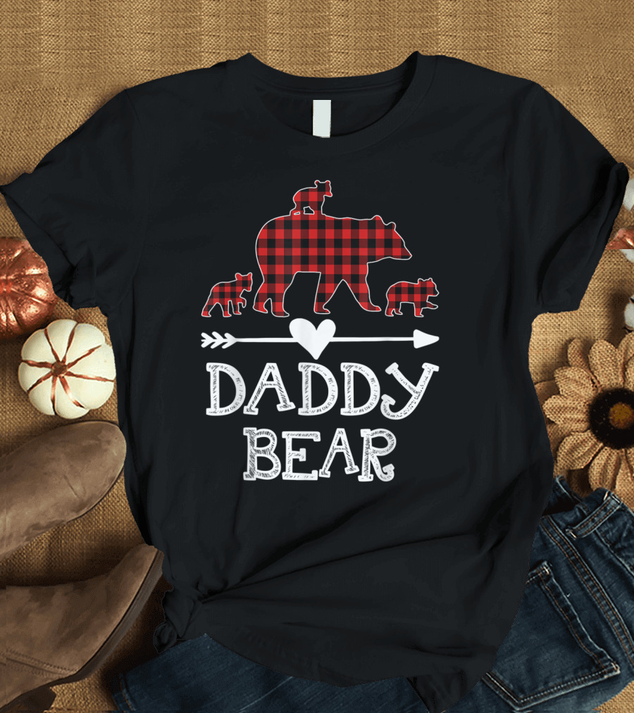 Daddy Bear Red Plaid Three Cubs Arrow Heart T-Shirt