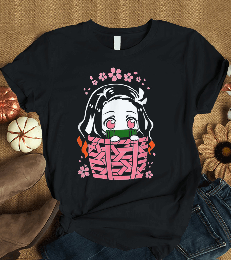 Nezuko Kamado Kawaii Chibi with Bamboo Mouthpiece and Cherry Blossoms Demon Slayer Anime T-Shirt