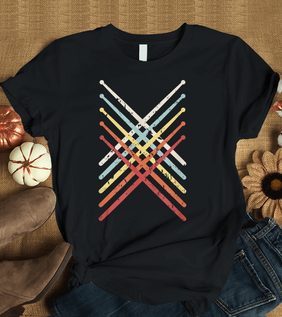 Vintage Drum Sticks Crossed Retro American Flag T-Shirt