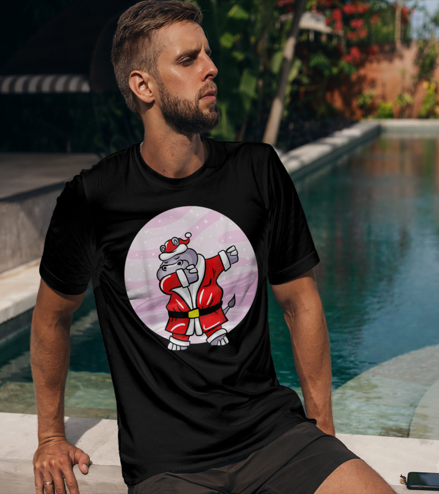 Funny Dabbing Christmas Santa Claus Hippo With Red Santa Suit T-Shirt