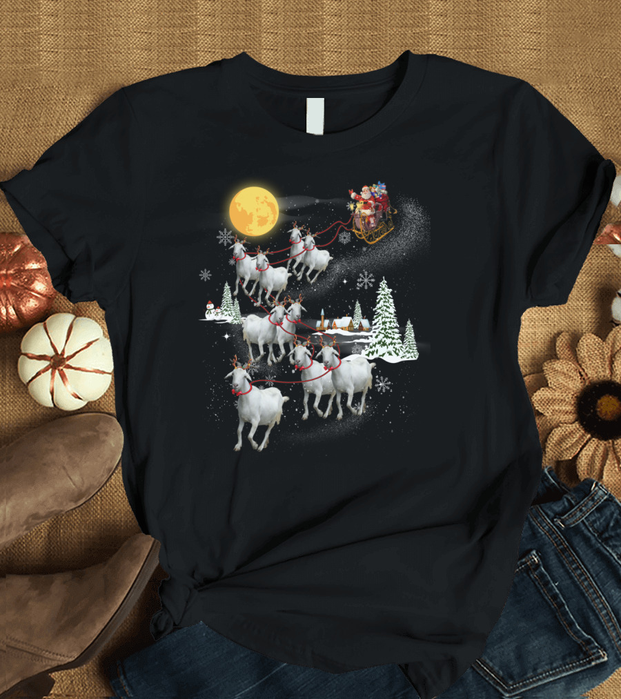 Funny Santa Riding Goat Sleigh Under Full Moon T-Shirt