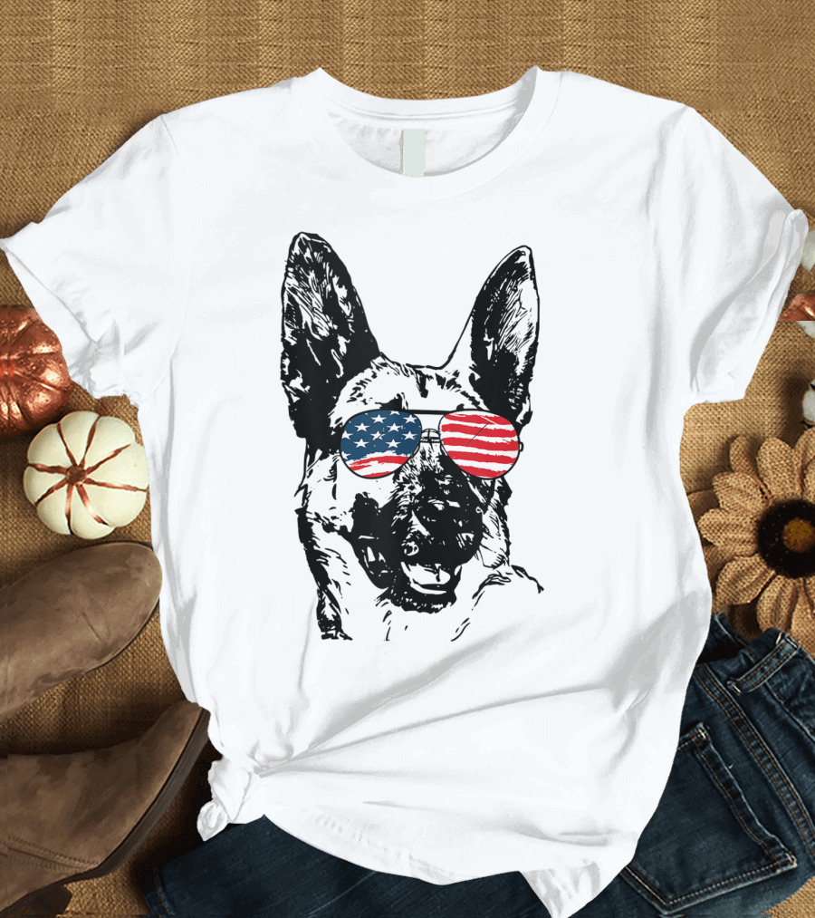 German Shepherd with American Flag Sunglasses 4th of July T-Shirt