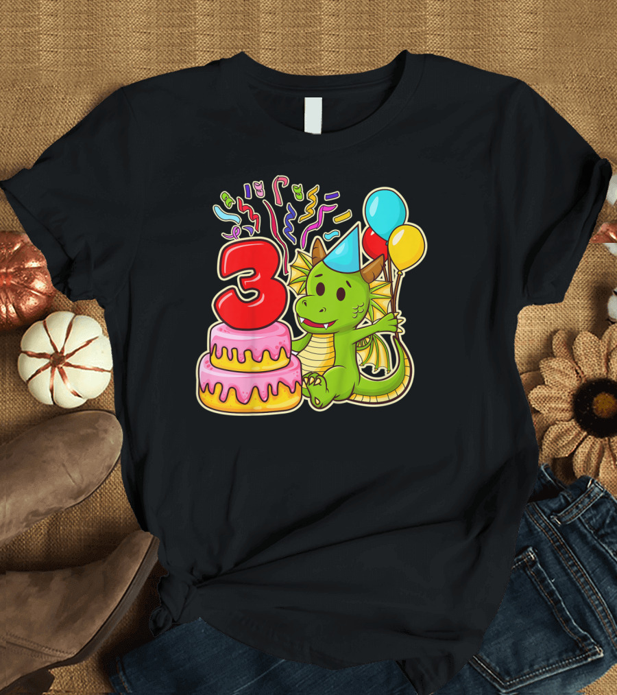 Kids 3rd Birthday Dragon Party Cake Balloons Confetti 3 Year Old T-Shirt