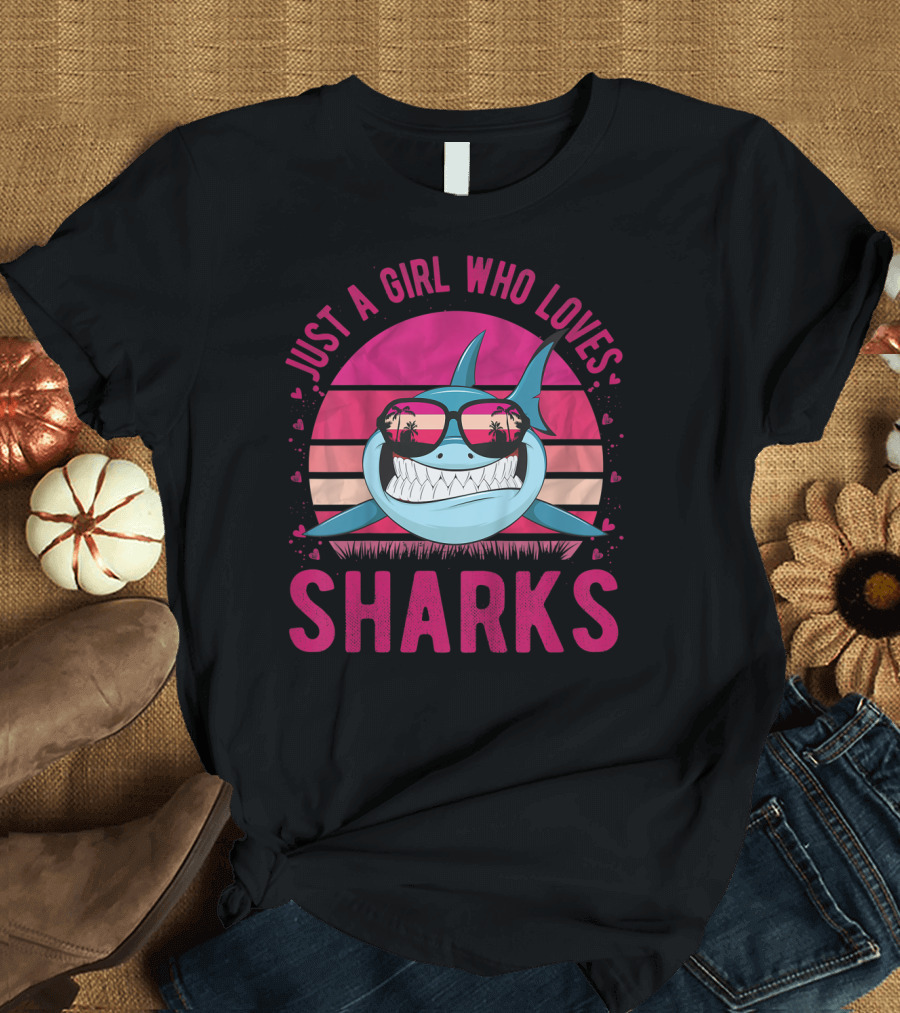 Just A Girl Who Loves Sharks Retro Sunset T-Shirt
