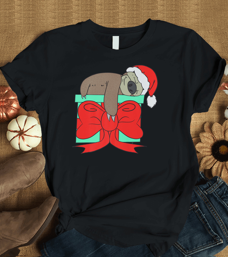 Lazy Christmas Sloth with Santa Hat and Gift Box Cute Funny Love It T-Shirt