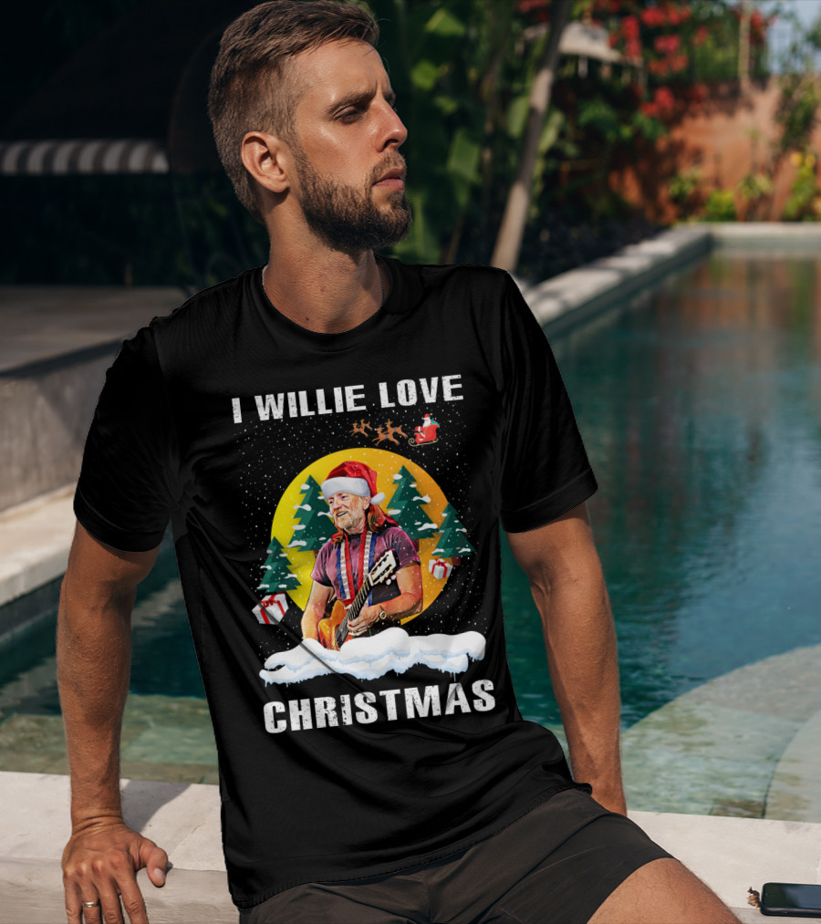 I Willie Love Christmas Santa Hat Guitar Snow Scene T-Shirt