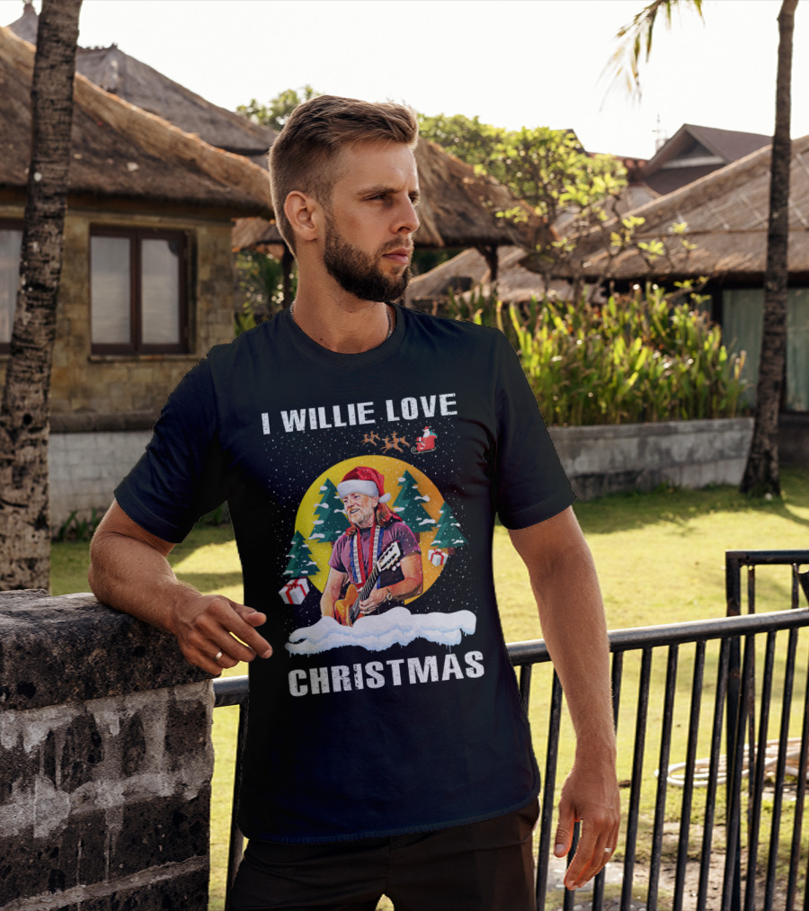 I Willie Love Christmas Santa Hat Guitar Snow Scene T-Shirt