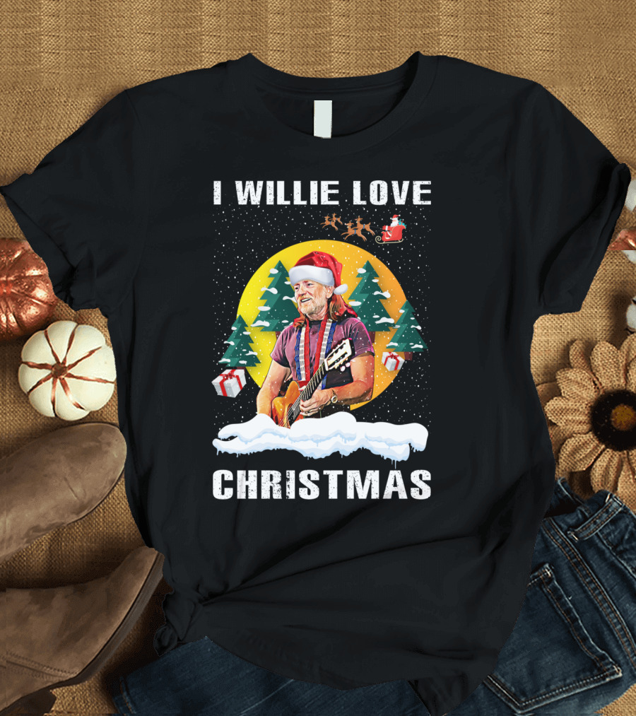 I Willie Love Christmas Santa Hat Guitar Snow Scene T-Shirt
