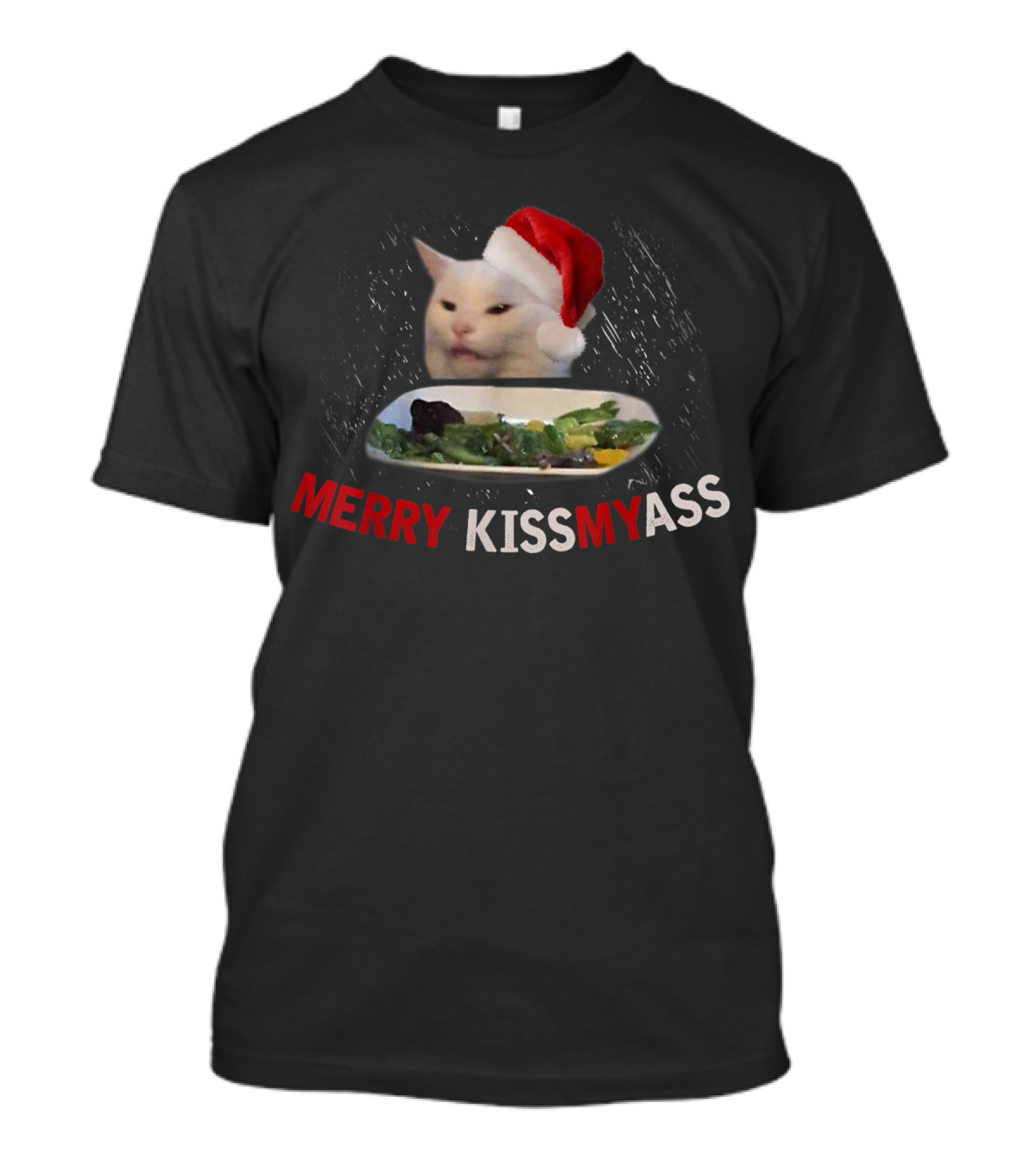 Merry Kissmyass Smudge Cat Funny Xmas Family Santa Hat T-Shirt