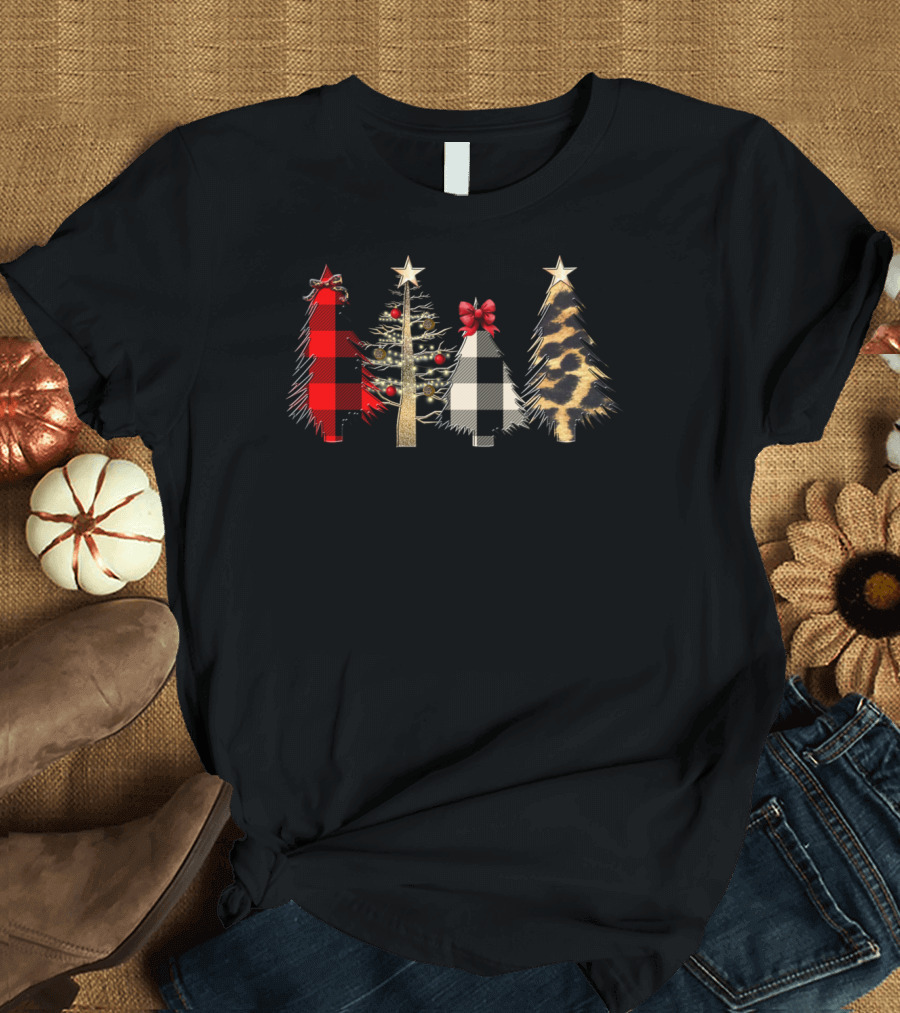 Red Plaid Black White Gold Leopard Christmas Trees T-Shirt