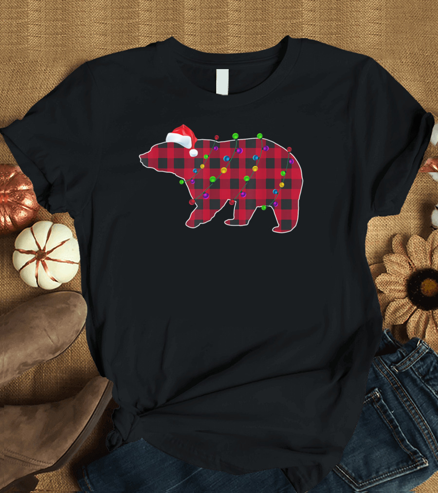 Red Plaid Christmas Polar Bear with Santa Hat and Buffalo Check Lights T-Shirt