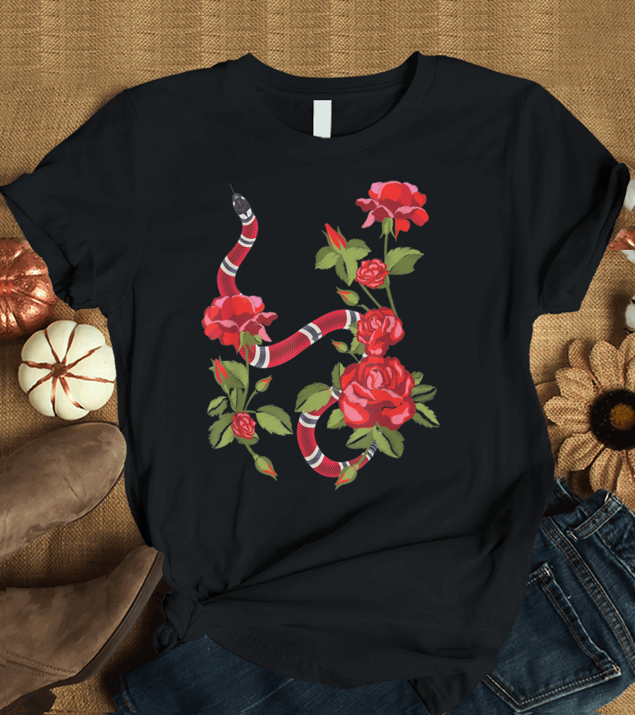 Royal Striped Snake and Flower Red Roses Botanical T-Shirt