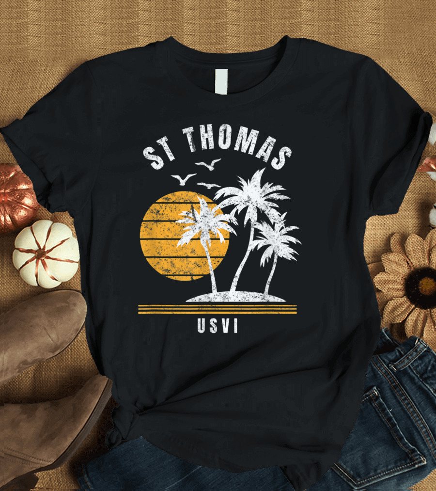 St Thomas USVI Caribbean Sunset with Palm Trees and Birds T-Shirt