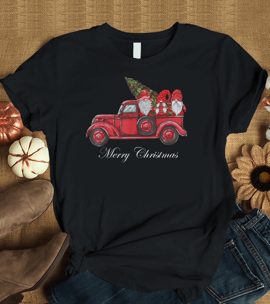 Three Gnomes in Red Truck with Merry Christmas Wishes T-Shirt