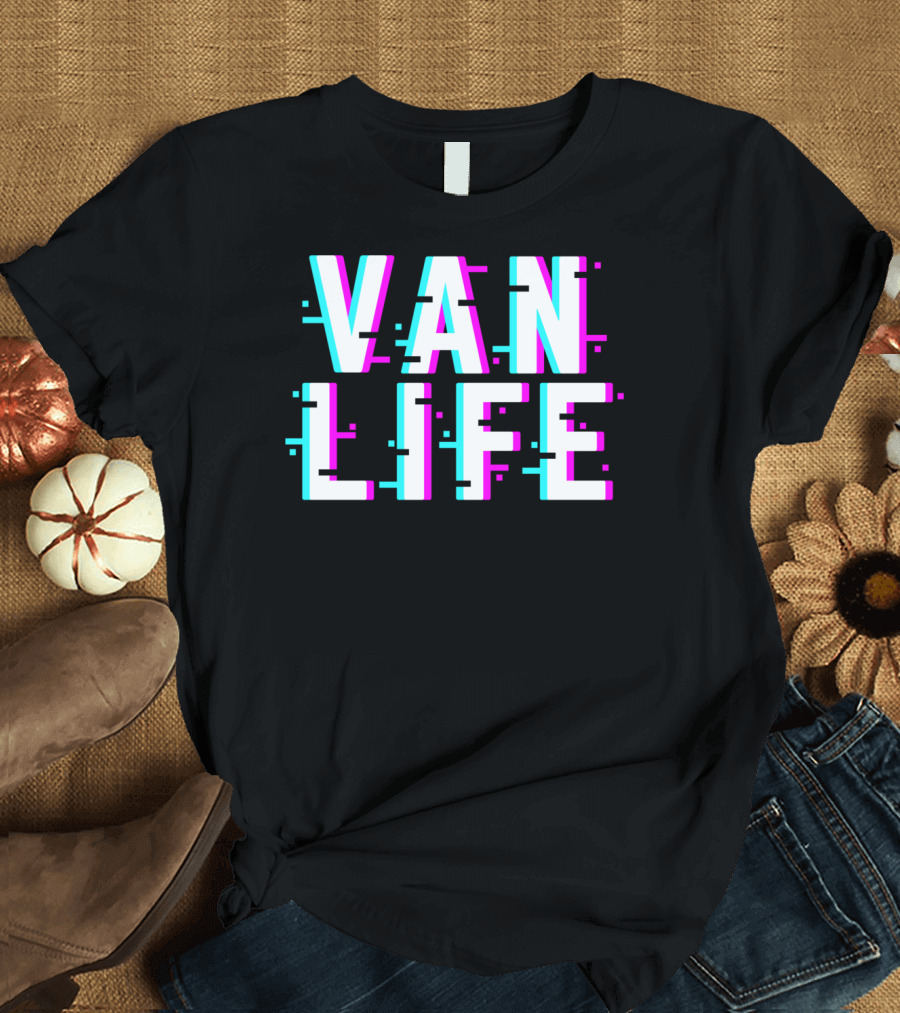 Van Life Camper Van Glitch Typography T-Shirt