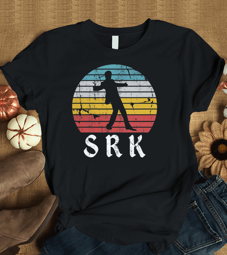 SRK Pose with Retro India Silhouette and Stripes T-Shirt