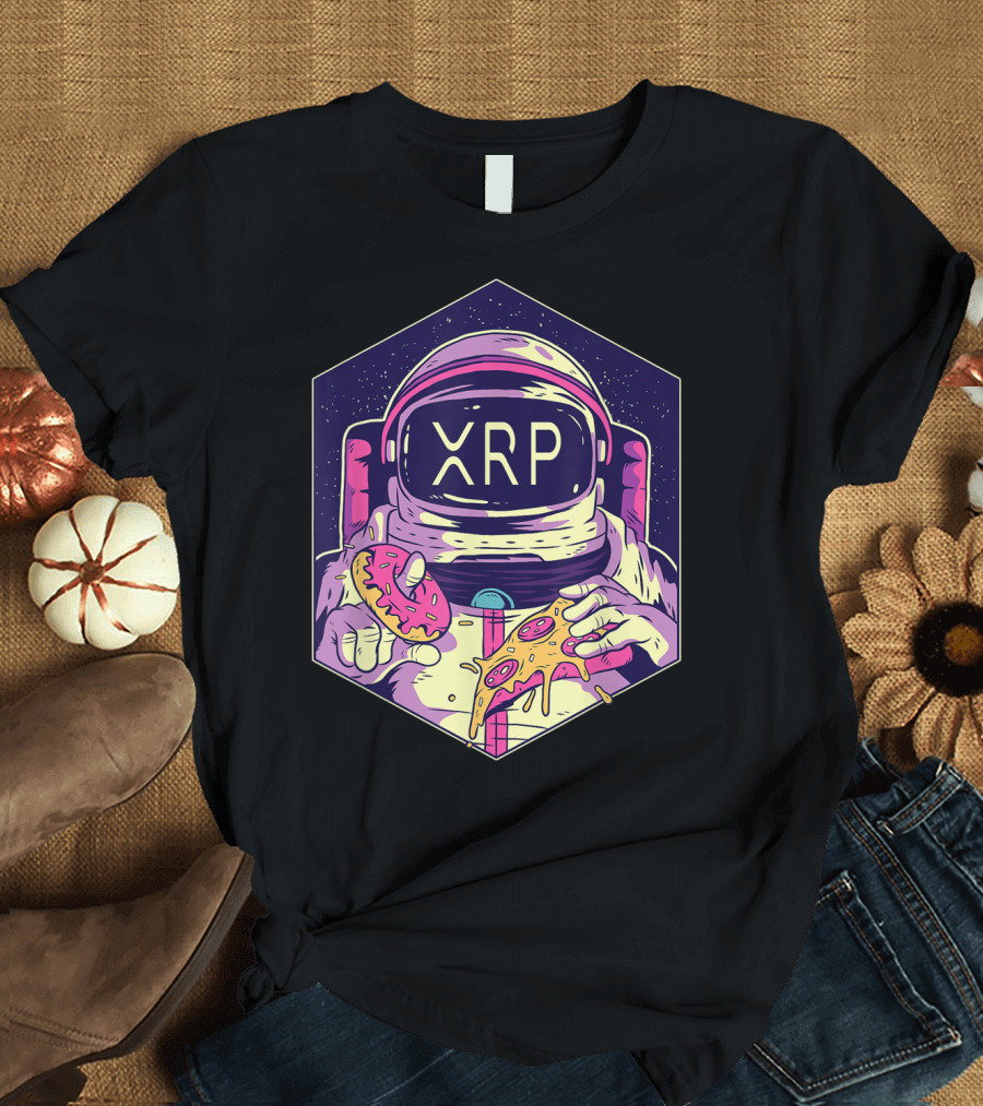 XRP Symbol Astronaut Eating Pizza and Donut Crypto Currency to the Moon T-Shirt