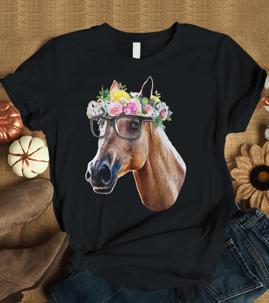 Floral Horse with Glasses Equestrian Farm Riding T-Shirt