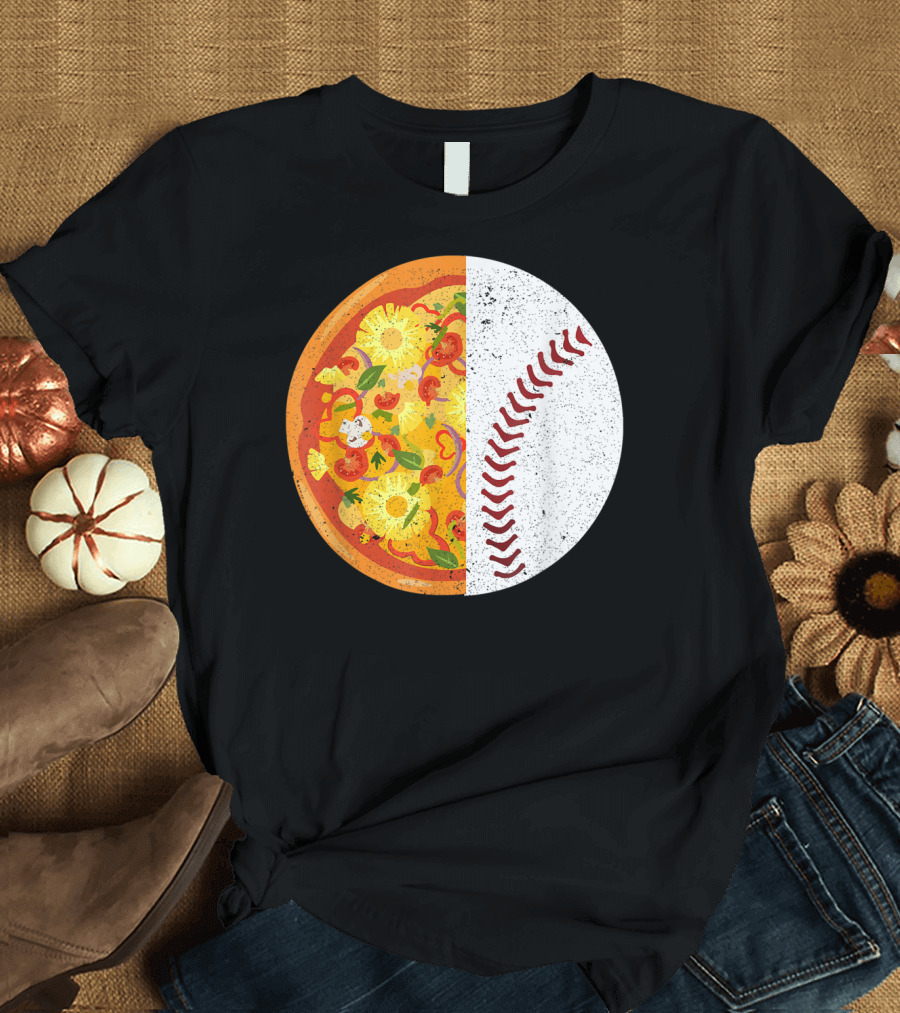 Funny Baseball Lover Eat Pizza Half Sport Pizza Baseball T-Shirt