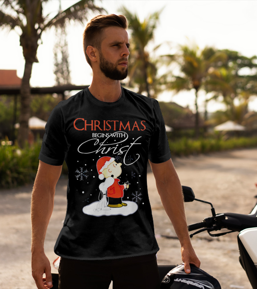 Christmas Begins With Christ Xmas Holiday Boy And Dog With Snowflakes T-Shirt