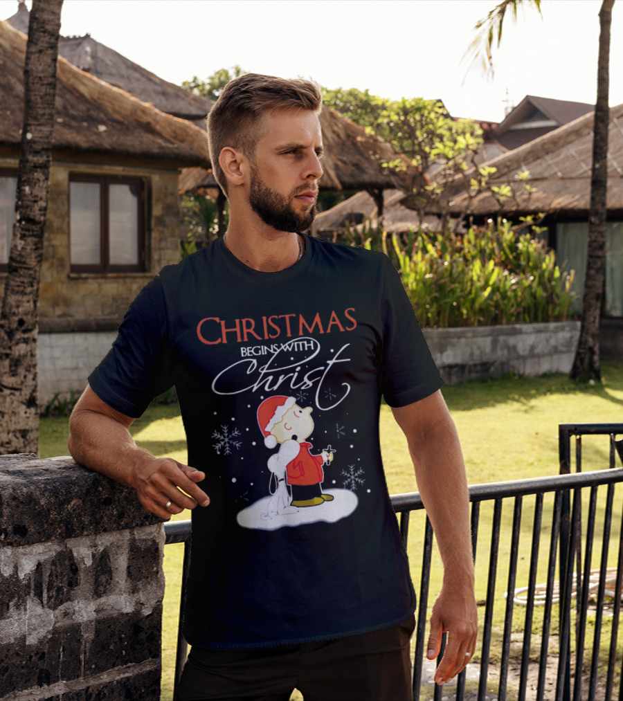 Christmas Begins With Christ Xmas Holiday Boy And Dog With Snowflakes T-Shirt