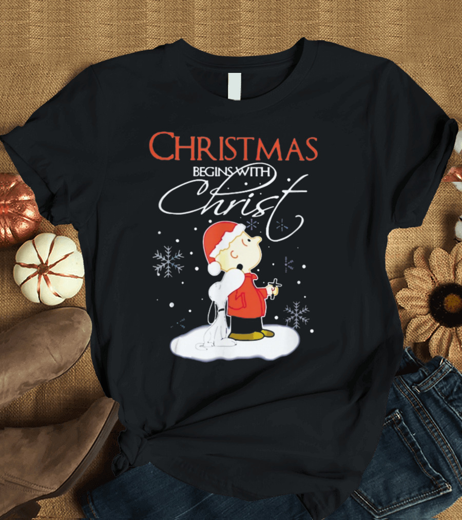 Christmas Begins With Christ Xmas Holiday Boy and Dog with Snowflakes T-Shirt
