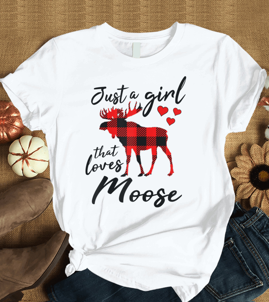 Just a Girl That Loves Moose Buffalo Plaid Hearts T-Shirt