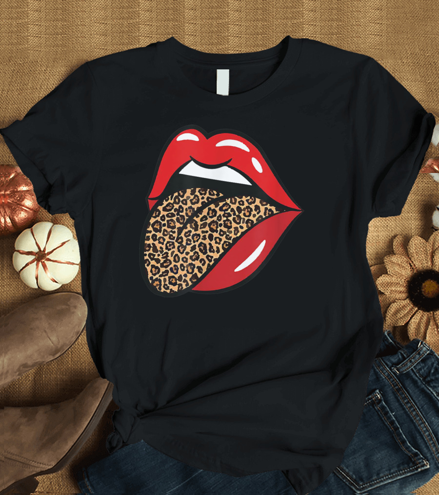 Chic Red Lips Leopard Print Tongue Rock Roll T-Shirt