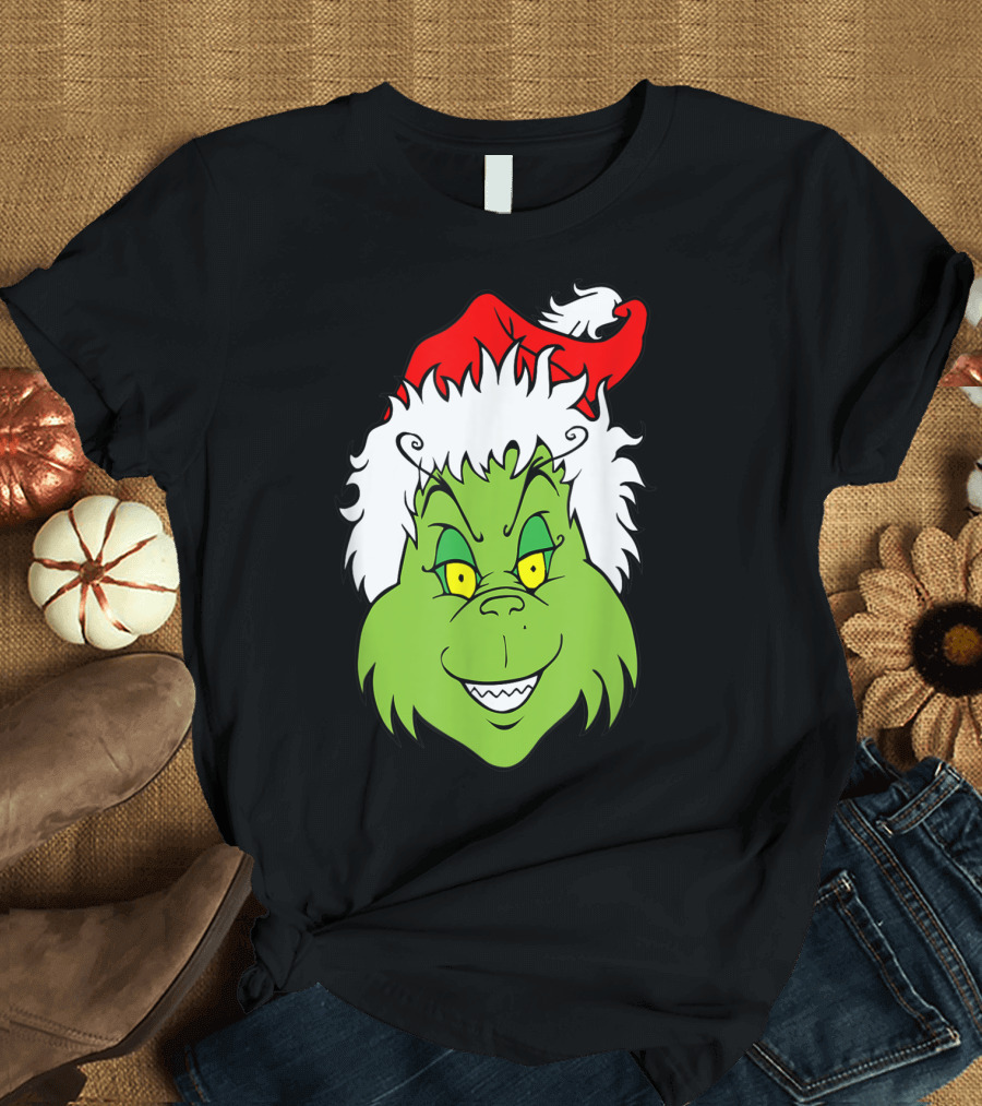 Grinch Christmas Face Santa Hat Smile T-Shirt