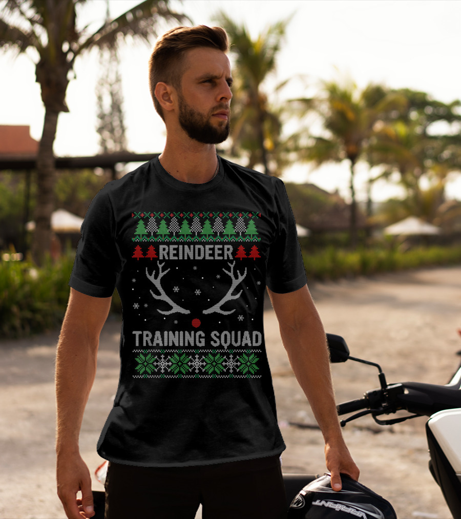 Christmas Reindeer Training Squad Ugly Sweater Antlers Snowflakes Trees T-Shirt