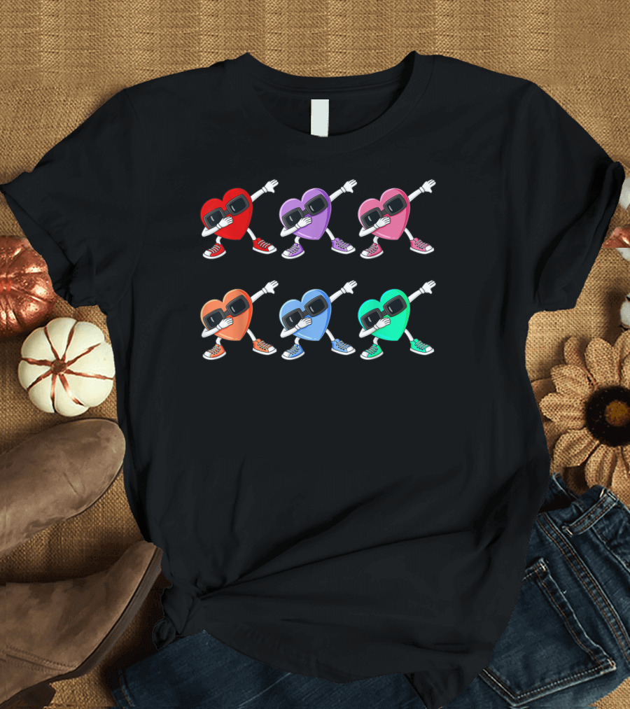 Dabbing Hearts Valentines Day Funny Boys Girl Cool Sunglasses Dance Moves T-Shirt