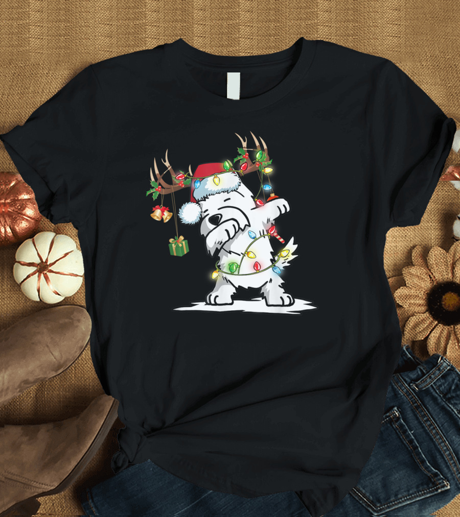 Dabbing Westie Dog Reindeer Lights Santa Hat Christmas Gifts T-Shirt
